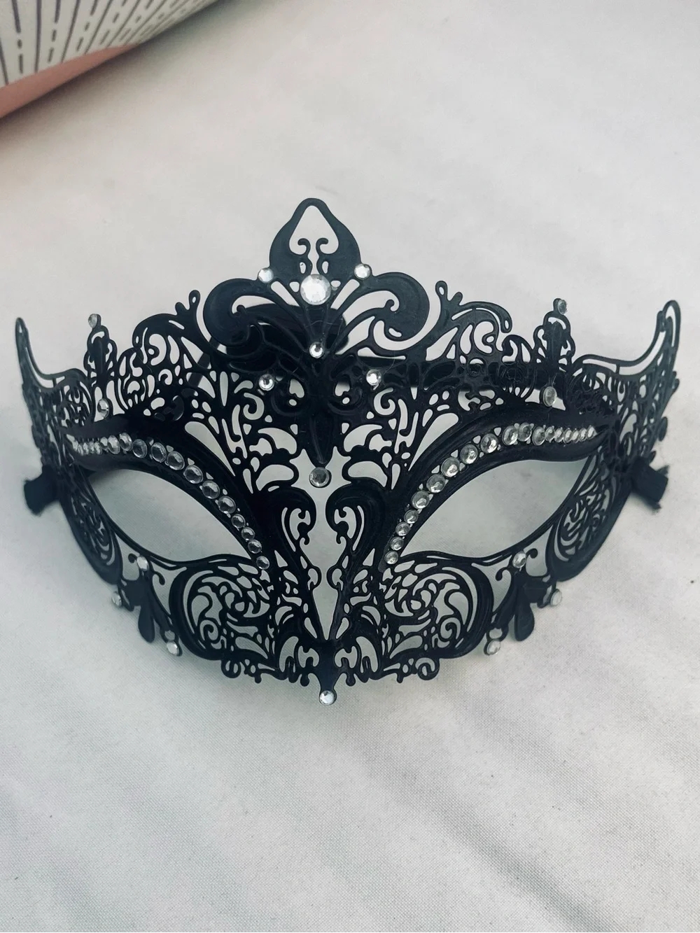 Black Ornate Masquerade Mask with Rhinestones & Intricate Scrollwork